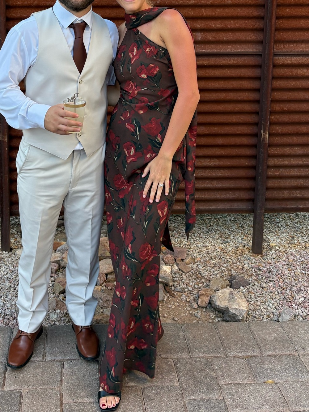 Floral Halter Evening Dress in Dark Red
